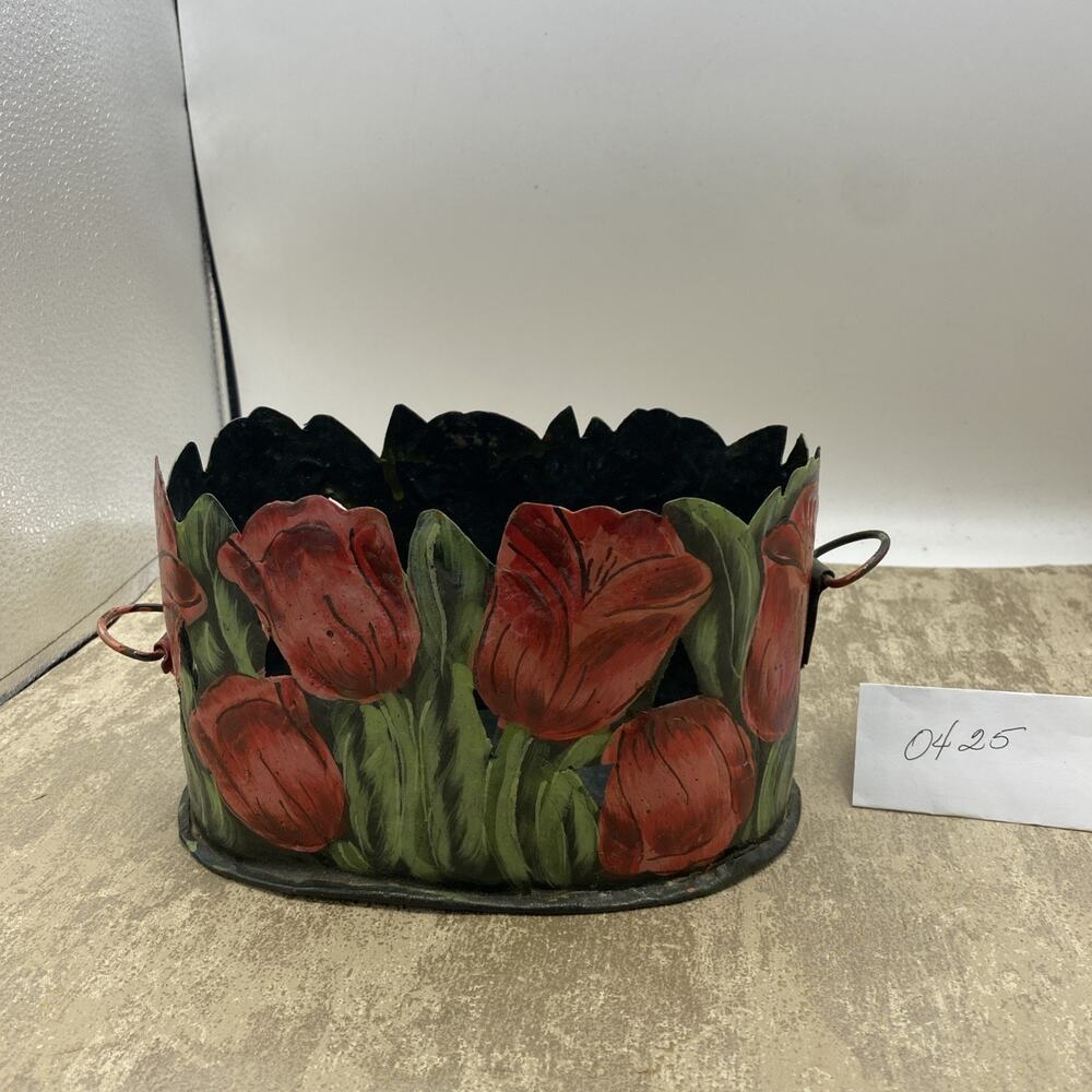 Cutout Tole Metal Painted Tulips Planter Container Holder Rustic Basket